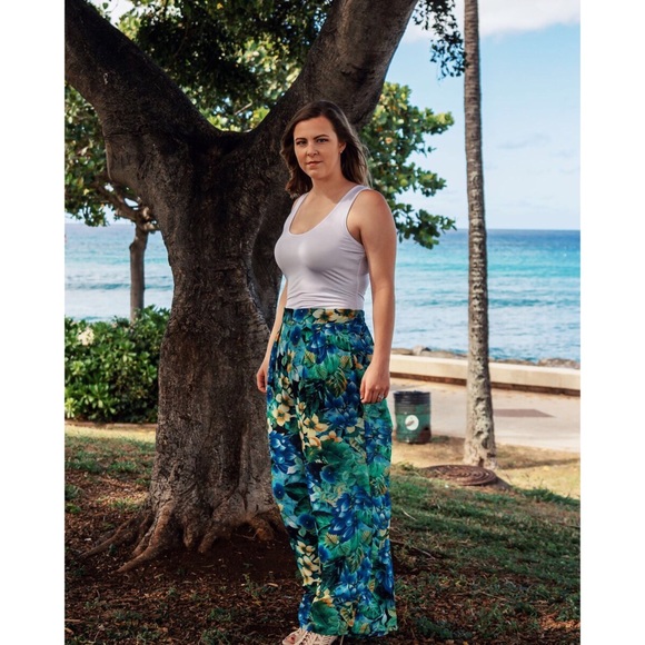 Blue Tropical Print Palazzo Pants - Picture 2 of 2